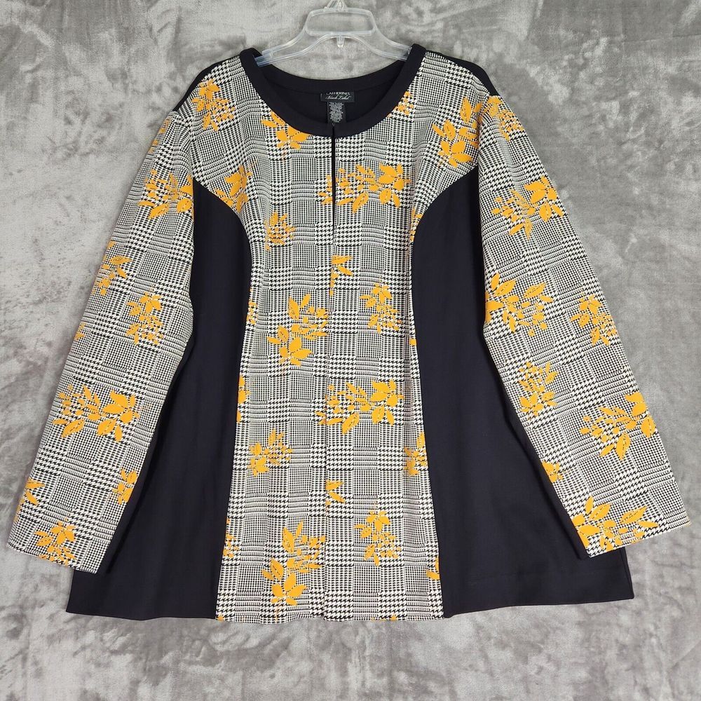 Catherines Black Label‎ Jacket 3X Black Yellow Houndstooth Floral Open Blazer